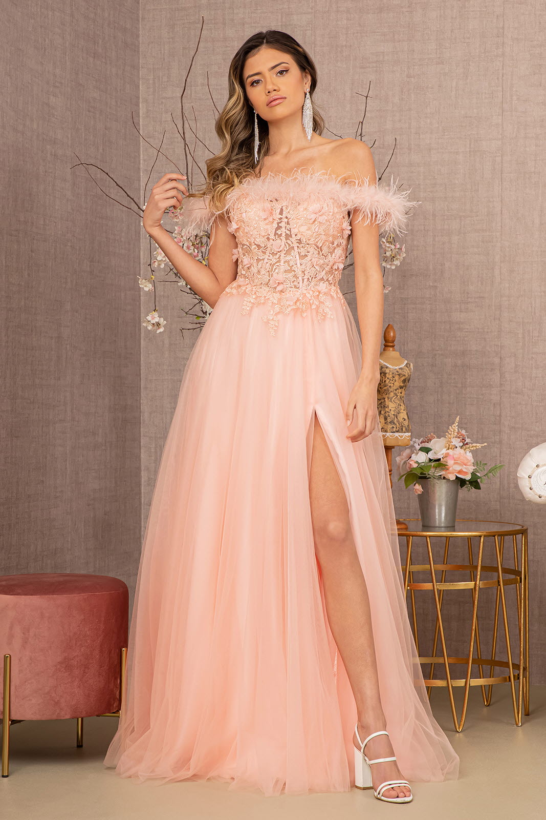 Embroidery Sheer Front Mesh A-line w/ Feather Embellishment Long Prom Dress GLGL3138-5